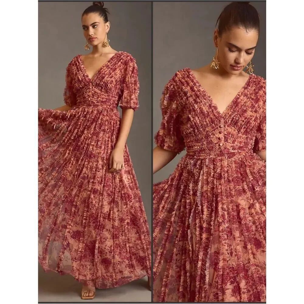 NWT Mac Duggal 8013  V-Neck Ruffled Mesh Dress Size 6